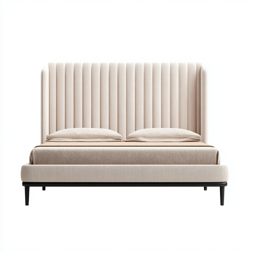 Letto matrimoniale imbottito in tessuto con testiera a scanalature 200x180x108 cm - beige - per camera da letto - design moderno