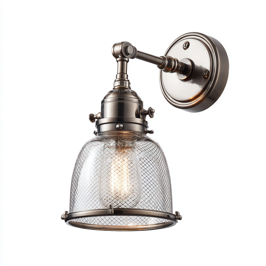 Applique da parete in metallo e vetro 20x24x30 cm - nichel - stile industriale classico - illuminazione decorativa per interni