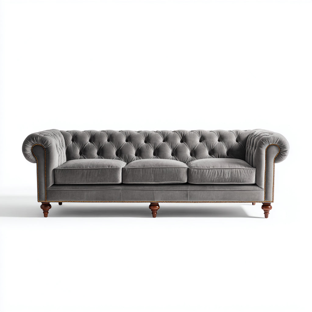 Divano lineare imbottito in velluto 215x95x78 cm - grigio - stile chesterfield classico per soggiorno