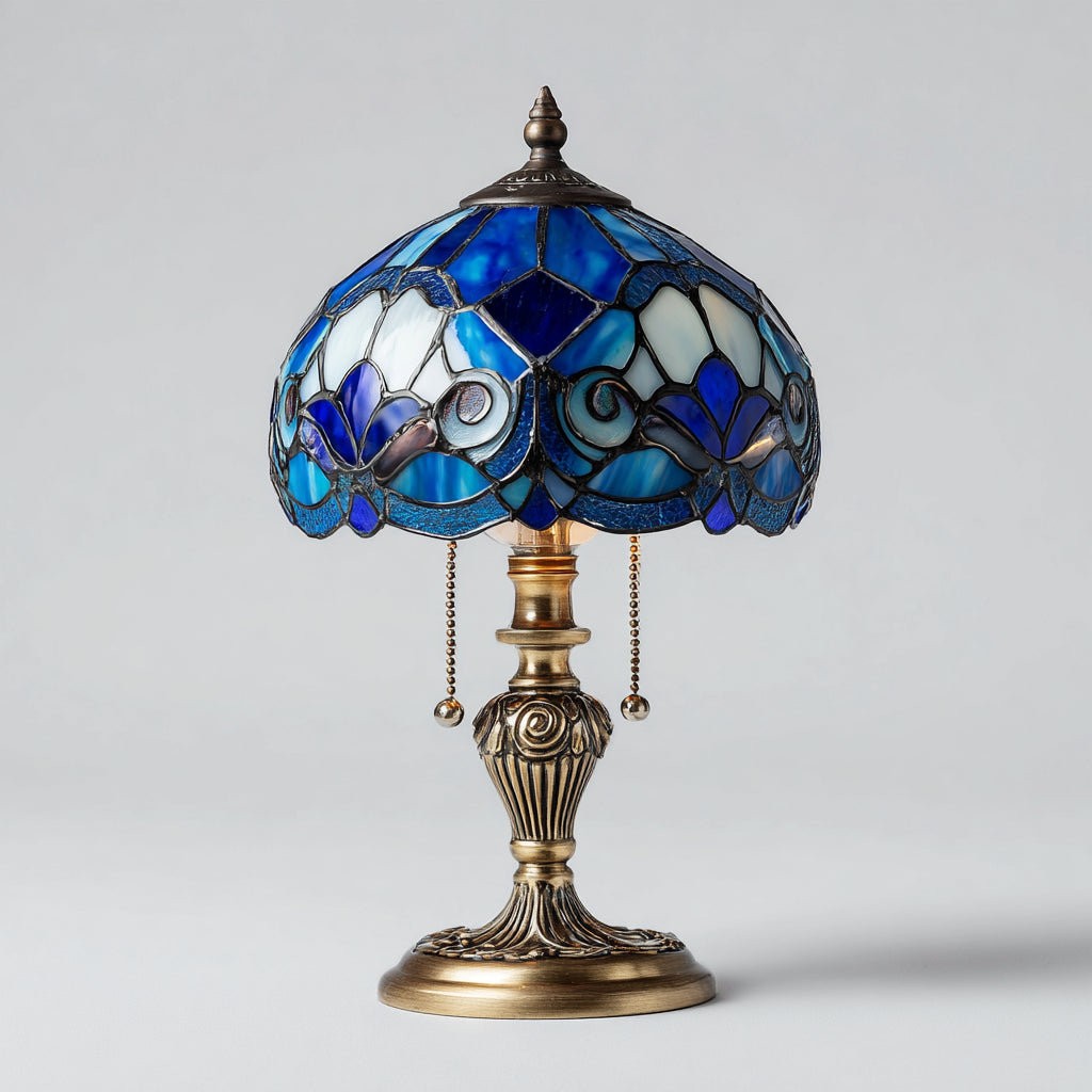 Lampada da tavolo in vetro e metallo 21x21x36 cm - blu - bianco - stile Tiffany per illuminazione interna