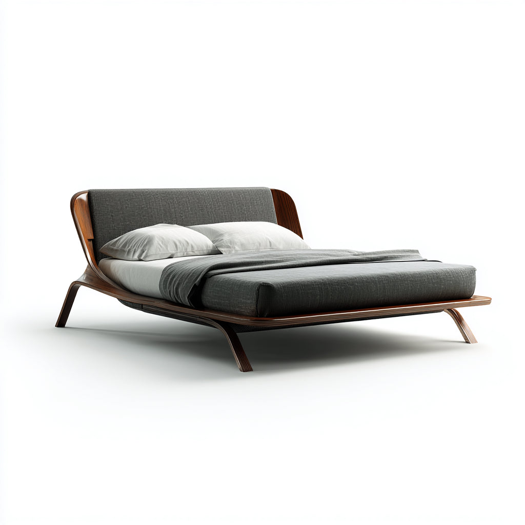 Letto matrimoniale imbottito in tessuto con struttura in legno curvato 200x180x98 cm - grigio - per camera da letto - design moderno