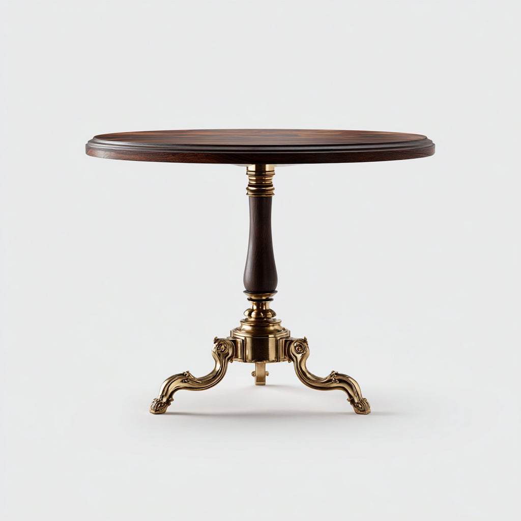 Tavolo da pranzo rotondo in legno e metallo 90x90x75 cm - colore noce e ottone - adatto per ristorante - stile classico
