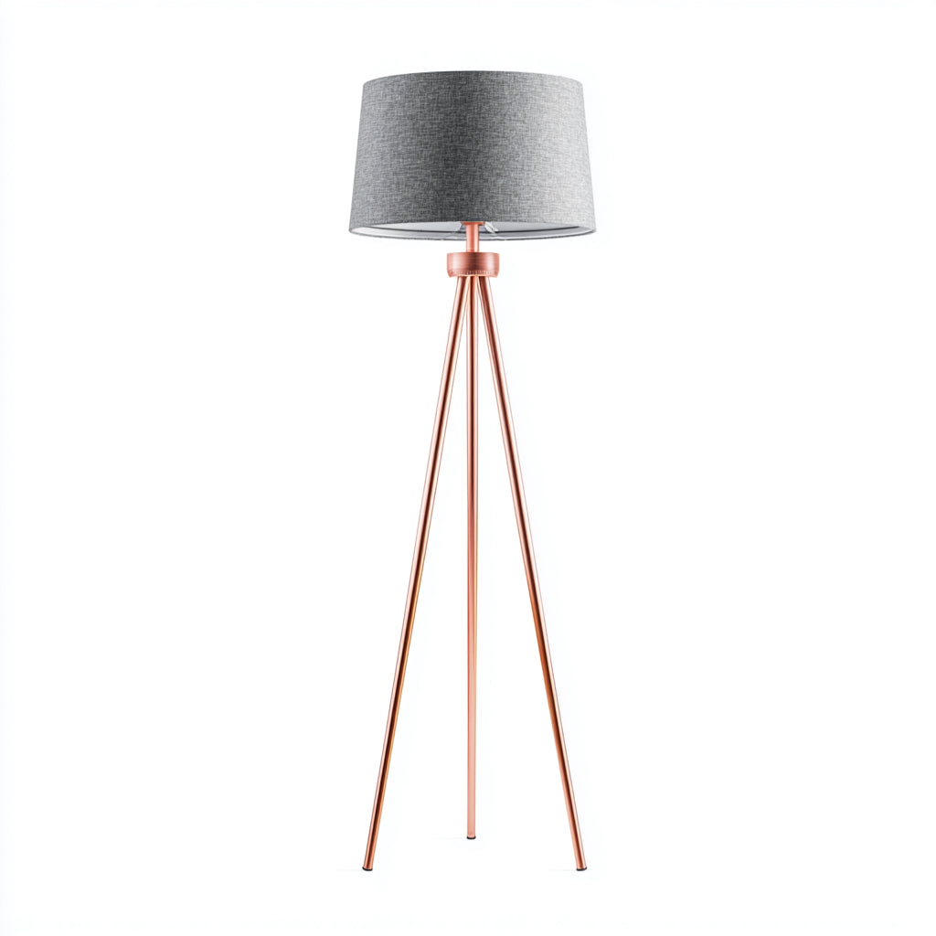 Lampada da terra a treppiede in metallo e tessuto 40x40x160 cm - rame - grigio - per soggiorno e camera - design moderno