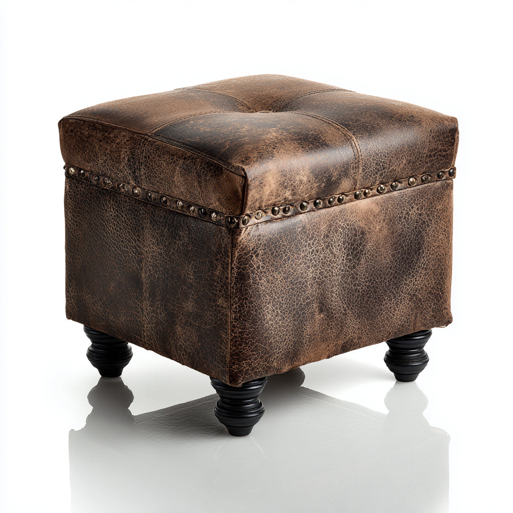 Pouf imbottito in pelle sintetica 45x45x47 cm - marrone - stile vintage per soggiorno